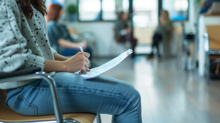 Patient completing necessary forms while waiting in a health care facility during appointment