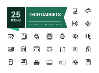 Set of Tech Gadgets minimal outline icons. related to Device, Appliances, Camera and more. Linear icon collection. Editable stroke. Vector illustration.
