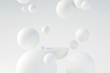 Minimal product podium stage with white balloons. 3D illustration rendering