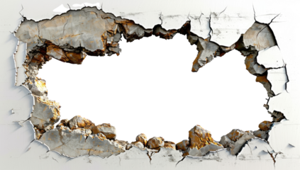 The damaged broken white wall with a large crack or holes in a middle cut out-stock PNG.