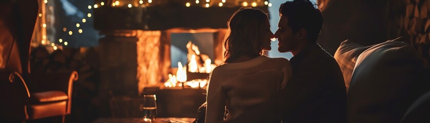 Silhouettes of a couple in a dimly lit room, with a fireplace in the background.