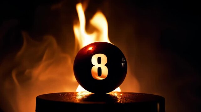 Red number eight ball on fire, close