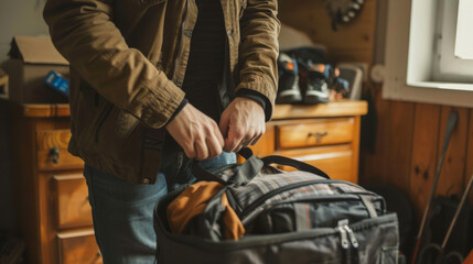 Person packing belongings into a bag hastily in a cozy indoor space during daylight hours
