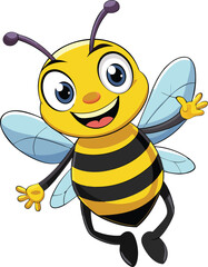 A cartoon bee with a happy face and arms with one foot in the air and one leg in the air