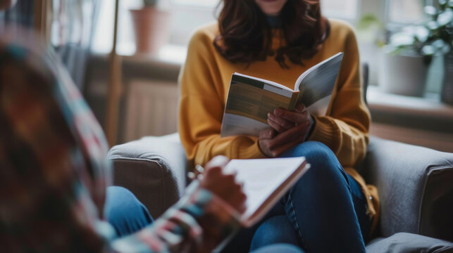 Person engaged in reading pamphlet about domestic violence in cozy indoor setting during daytime