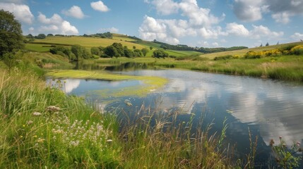 Serene lake with green hills and blue sky, beautiful clouds reflect in water, perfect for nature relaxation and escape from city life