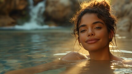 Smiling Woman in Natural Hot Spring - Suitable for Wellness and Travel Promotions