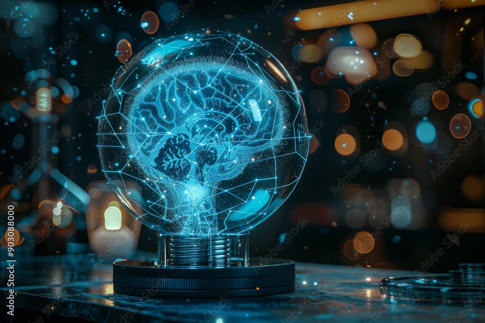 Poster transparent brain light bulb in a high tech laboratory highlighting advanced technology and creative