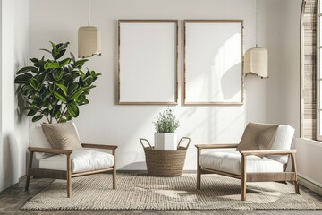 3D Rendering of Modern Living Room with Mockup Poster Frame and Minimalist Design