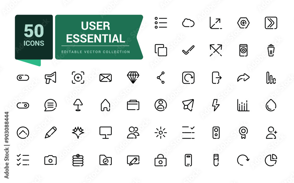 Poster user essential line icons. collection of divided outline icon. mobile and web ui icon set. essential