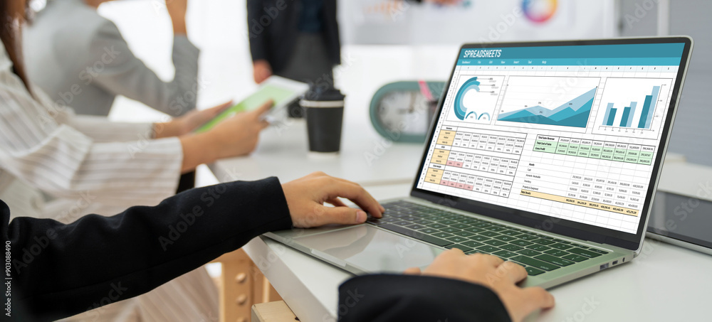 Poster spreadsheet document information financial startup concept. data and graphs in spreadsheet documents