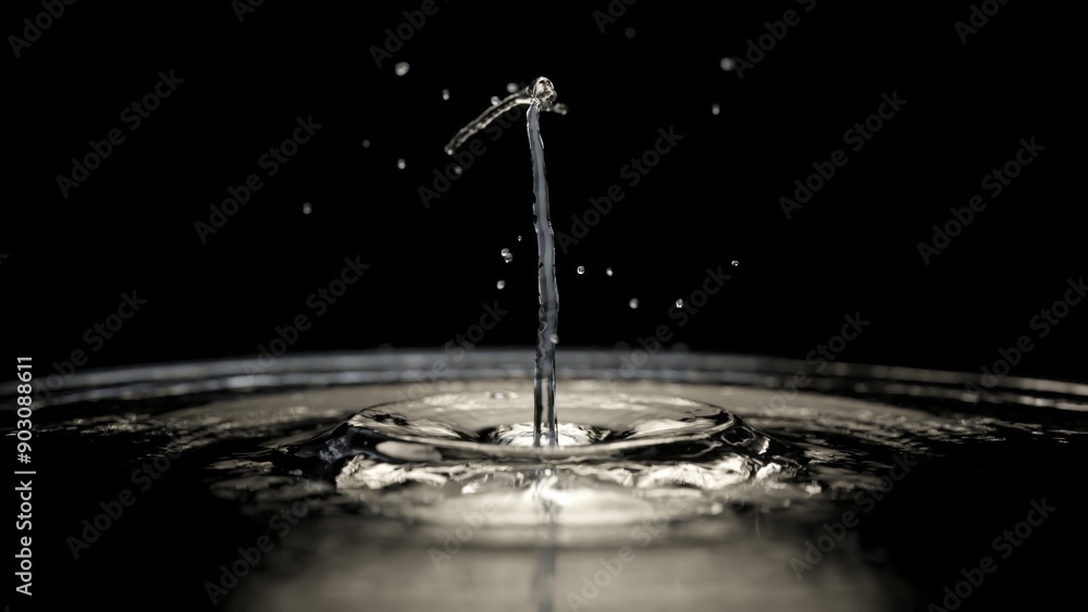 Poster 3d droplet falling on water surface creating splashes in slow motion