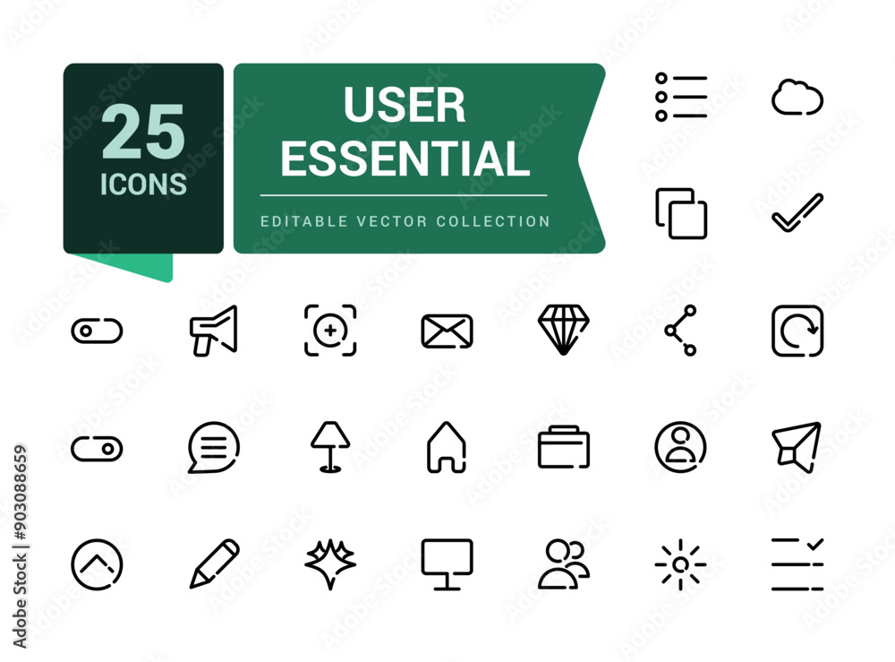 Poster user essential line icons. collection of divided outline icon. mobile and web ui icon set. essential