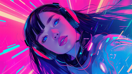 A beautiful girl in the style of an anime drawing, with headphones on her head and wearing futuristic