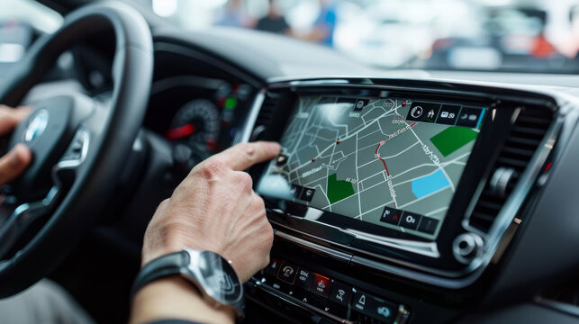 Salesperson demonstrates innovative car navigation system at local dealership during busy showroom hours