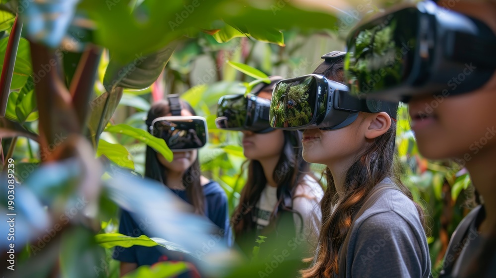 Poster middle school students exploring virtual rainforest with vr goggles for interactive learning experie