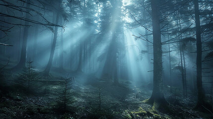 Obraz premium Mystical forest scene with sunbeams breaking through dense fog.