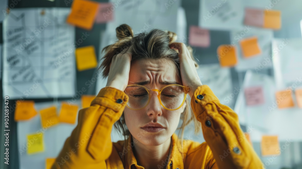 Poster stressed worker faces overwhelming to-do list surrounded by colorful sticky notes in a busy office