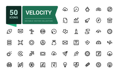 Velocity line icons set. Outline set of velocity vector icons for web and ui design. Editable vector line icon set and illustration for application.
