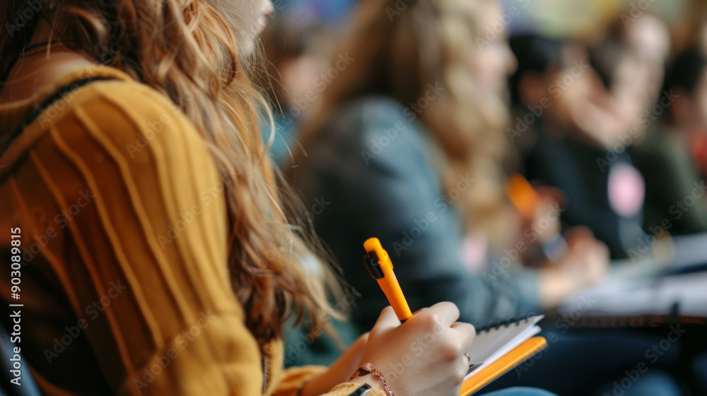 Poster students engaged in note-taking during a university lecture in a classroom setting