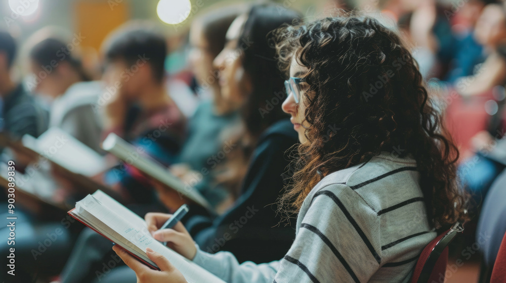 Poster students engaged in note-taking during an interactive lecture at university auditorium