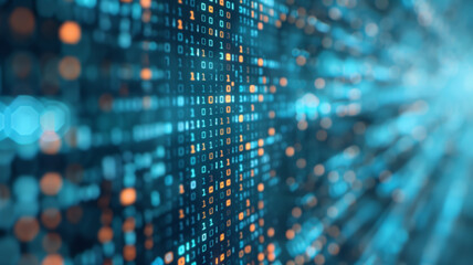 Obraz premium Abstract digital background with binary code streams in a futuristic setting, showcasing technology and data flow.