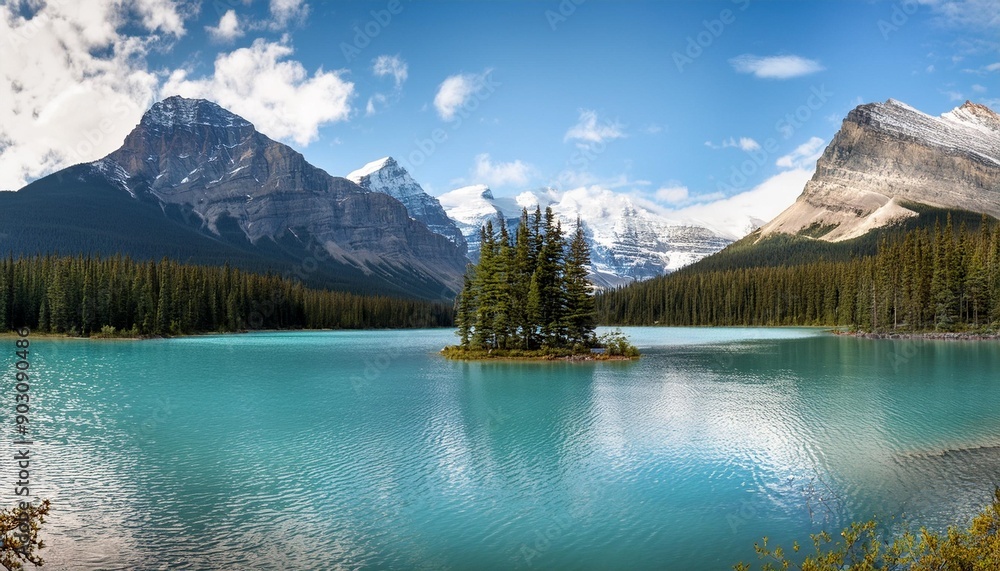 Wall mural panorama view beautiful spirit island in maligne lake jasper national park alberta canada