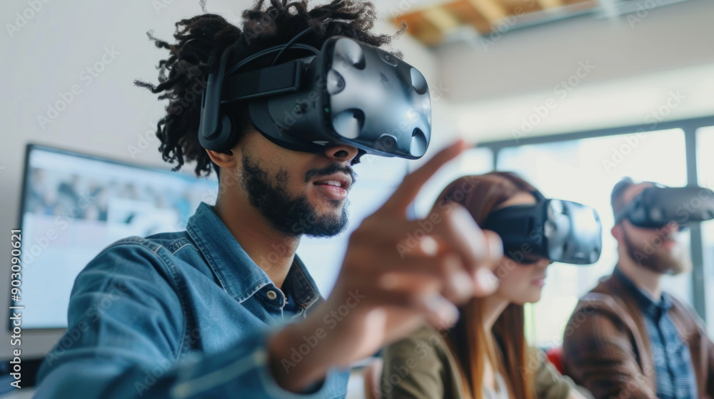 Poster team innovating in virtual reality technology during collaborative workshop session