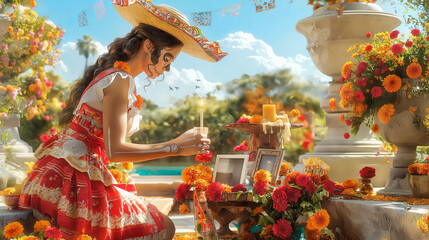 Traditional Mexican Día de los Muertos Celebration with Elegantly Dressed Woman