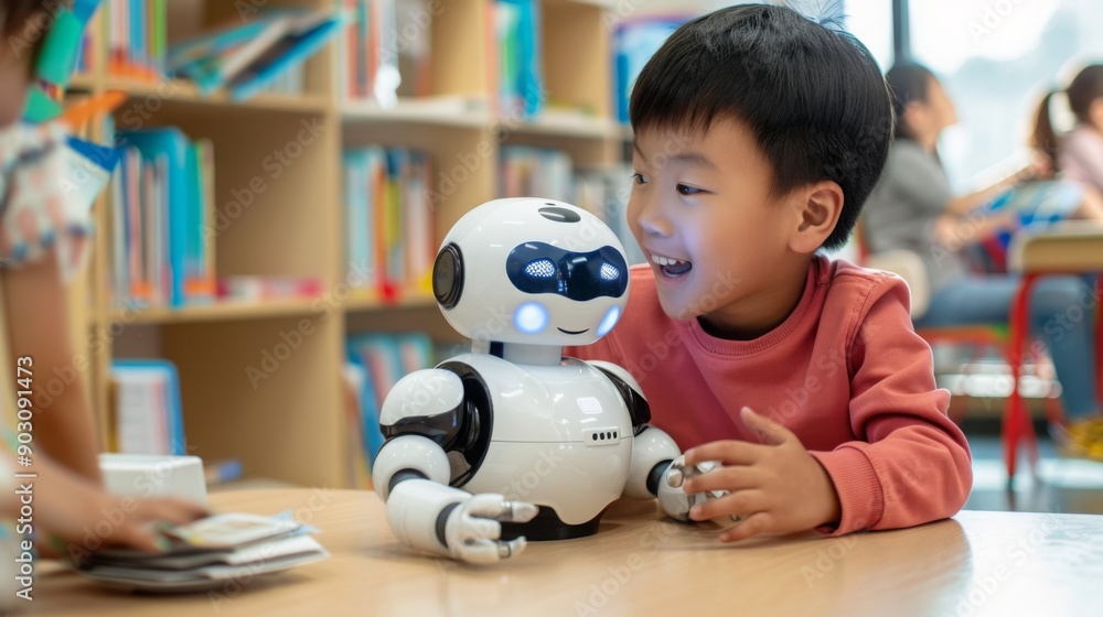 Aufkleber a young child interacts playfully with an educational robot while seated at a classroom table filled