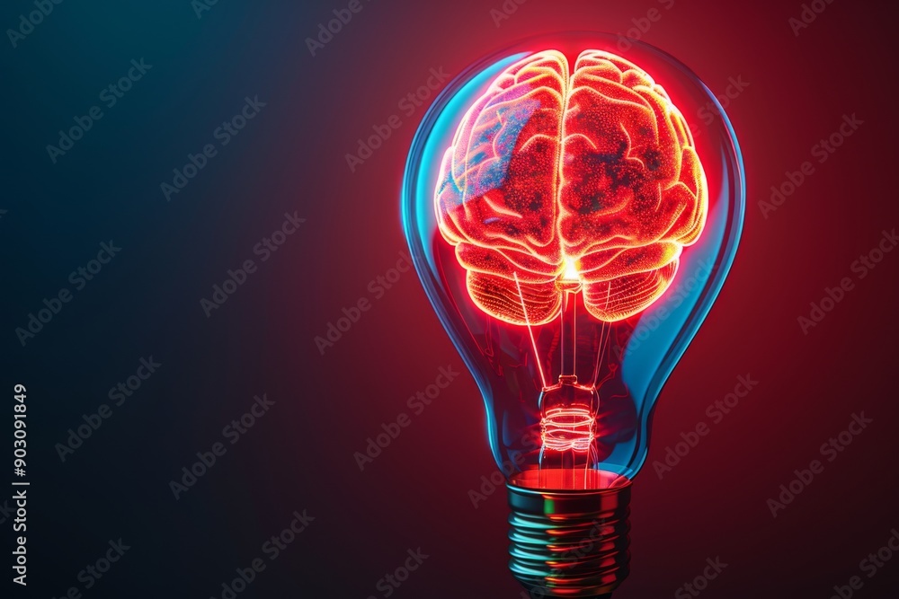 Poster neon brain light bulb in a high tech workspace showcasing advanced technology and creative innovatio