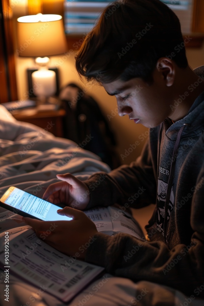 Poster high school student using homework help app on smartphone for step-by-step solutions and explanation