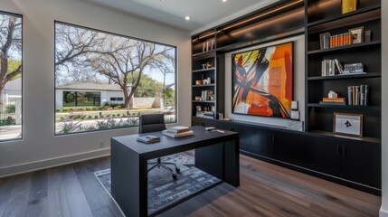 An upscale home office with a sleek black desk