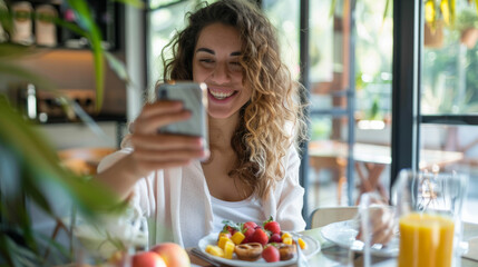 A woman enjoys breakfast while taking a selfie at a cozy caf&eacute; in the morning