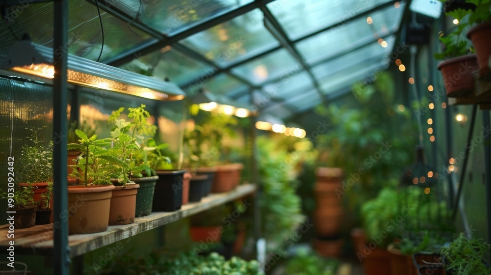Poster a row of potted plants in a greenhouse are illuminated by artificial light. the plants are growing i