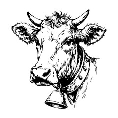 cow with a bell around its neck, on a white background