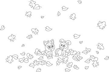 Funny little kitten and puppy with a ball among autumn leaves flying around, black and white outline vector cartoon illustration for a coloring book