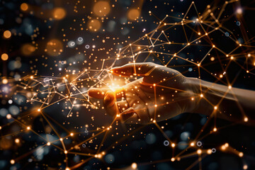 Obraz premium A hand is reaching out to touch a computer screen that is filled with a complex.