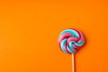 Color lollipop, spiral candy on stick, colorful striped lollypop, round fruit caramel, circle lollipop