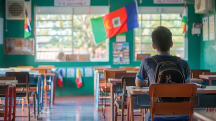Obraz premium A student sits quietly at a desk in a vibrant classroom decorated with various national flags.