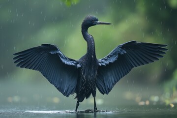 A black heron uses its wings as an umbrella to shield itself from the rain.