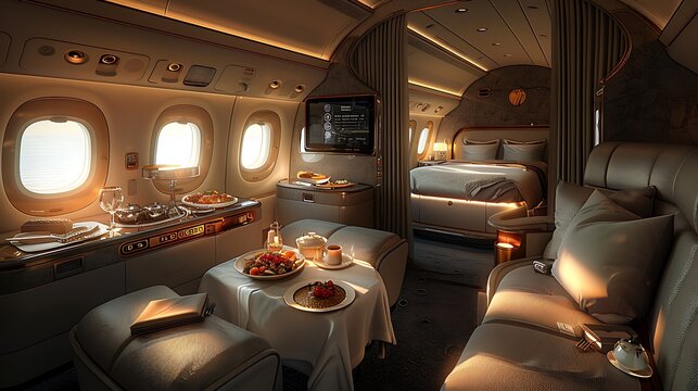 A detailed view of a first-class airline suite, highlighting the plush flatbed seat, personal entertainment system, and an exquisite gourmet meal served on fine china, with ambient lighting creating a