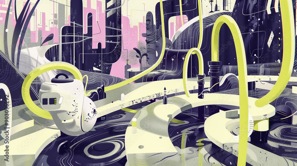 Poster futuristic sci-fi cityscape with abstract elements..