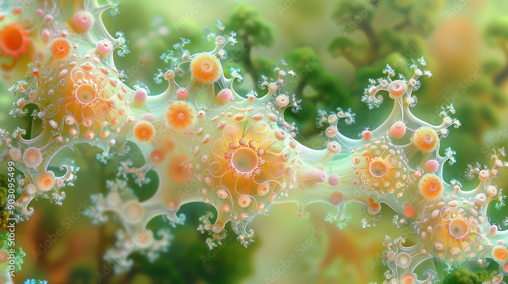 Poster intricate abstract organic forms in soft pastel colors..