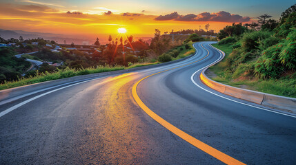 Naklejka premium Winding Road at Sunset with Vibrant Sky..