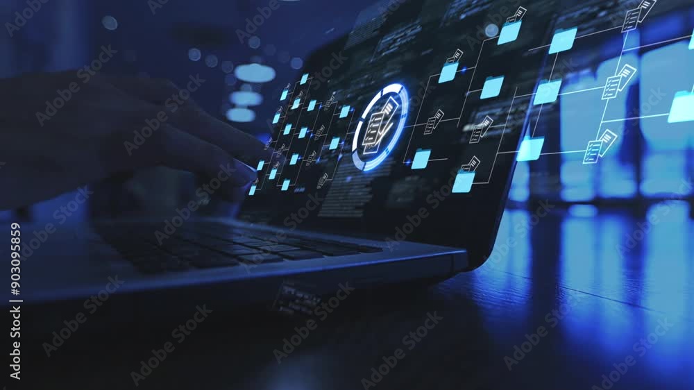 Aufkleber businesswoman using laptop to document management concept, online documentation database and digital