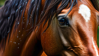 Close-up of a horse head at an equestrian competition, showing the intense focus and grace of the animal during the event