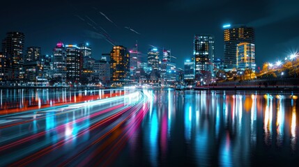 Obraz premium Cityscape at Night with Light Trails Reflecting on Water