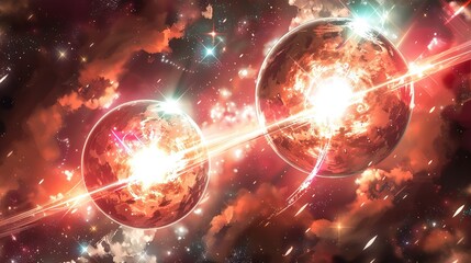 Obraz premium Image of two planets and a star in the foreground, set against a backdrop of cosmic emptiness