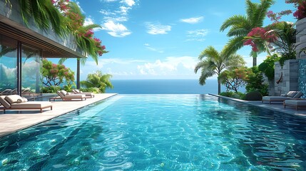Fototapeta premium A high-resolution photograph of a luxurious infinity pool seamlessly blending into the ocean horizon, with elegant lounge chairs and tropical palm trees in the background, under a clear blue sky, crea